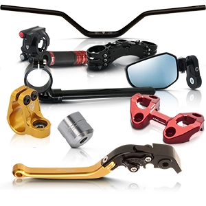 Accessoires moto : guidons, rétroviseurs, leviers, pinces et accessoires en or, rouge et noir.